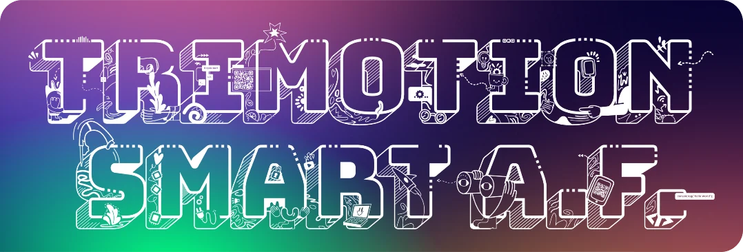 TriMotion en SMART A.F. in handgetekende 3D-letters met kleine illustraties van techniek, planten en mensen
